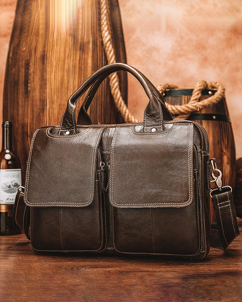 Leather Briefcase/ Laptop Bag - Nathaniel - Alexandre Leon | coffee-brown