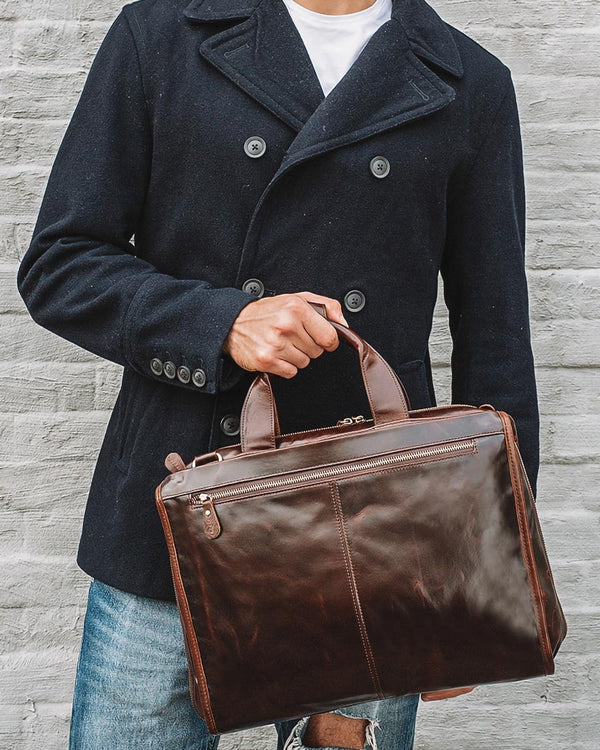 Leather Briefcase/ Laptop Bag - Silas [Coffee Brown] - Alexandre Leon