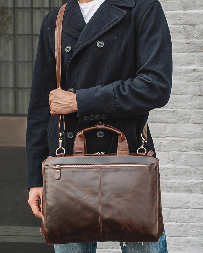 Leather Briefcase/ Laptop Bag - Silas [Coffee Brown] - Alexandre Leon