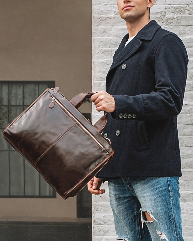 Leather Briefcase/ Laptop Bag - Silas [Coffee Brown] - Alexandre Leon